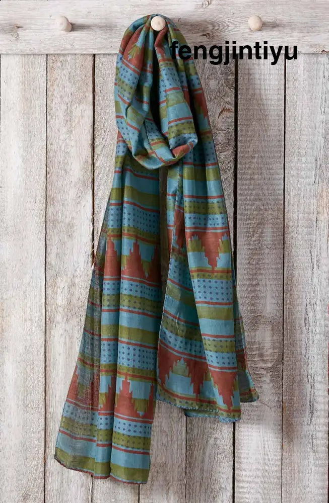 Cotton Silk Block Print Scarf - Blue/Multi