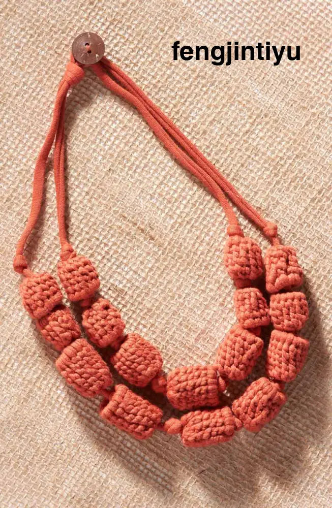 Crochet Upcycled Jersey Bead Necklace - Fire red