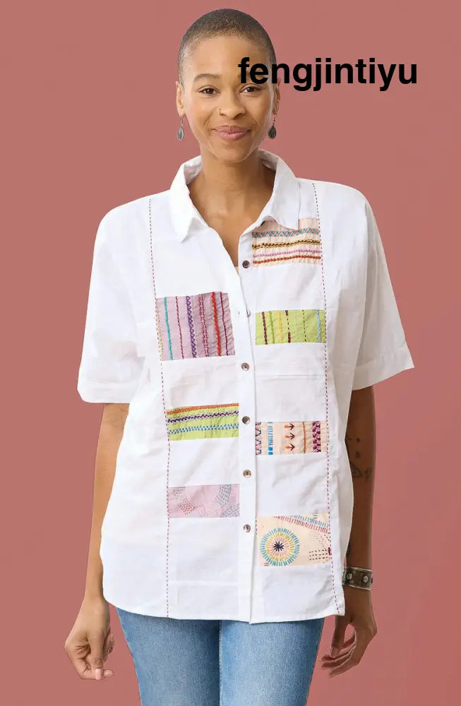 Faiza Organic Cotton Embroidered Sampler Inset Shirt - White/Multi - White/Multi / S (6-8)
