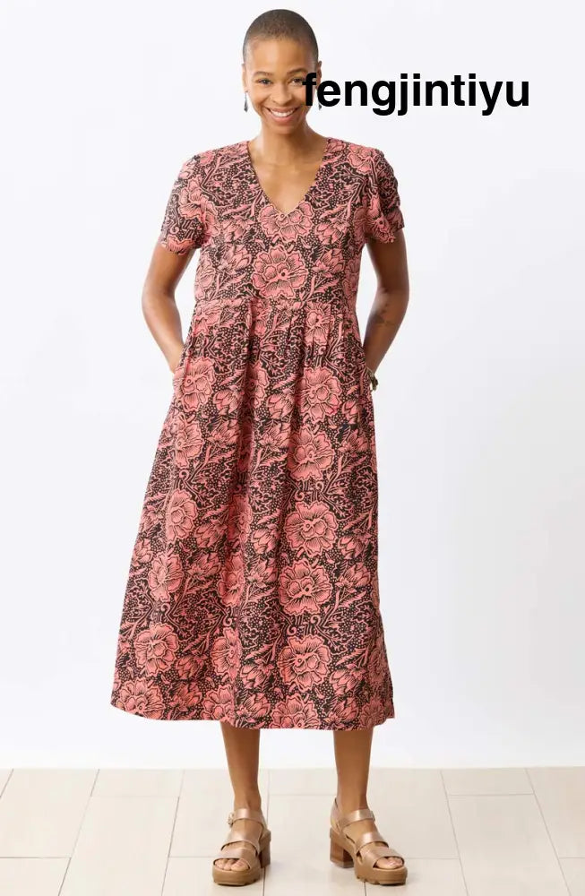 Geethali Organic Cotton V-Neck Midi Dress - Grapefruit/Ebony - Grapefruit/Ebony / PS (6-8)