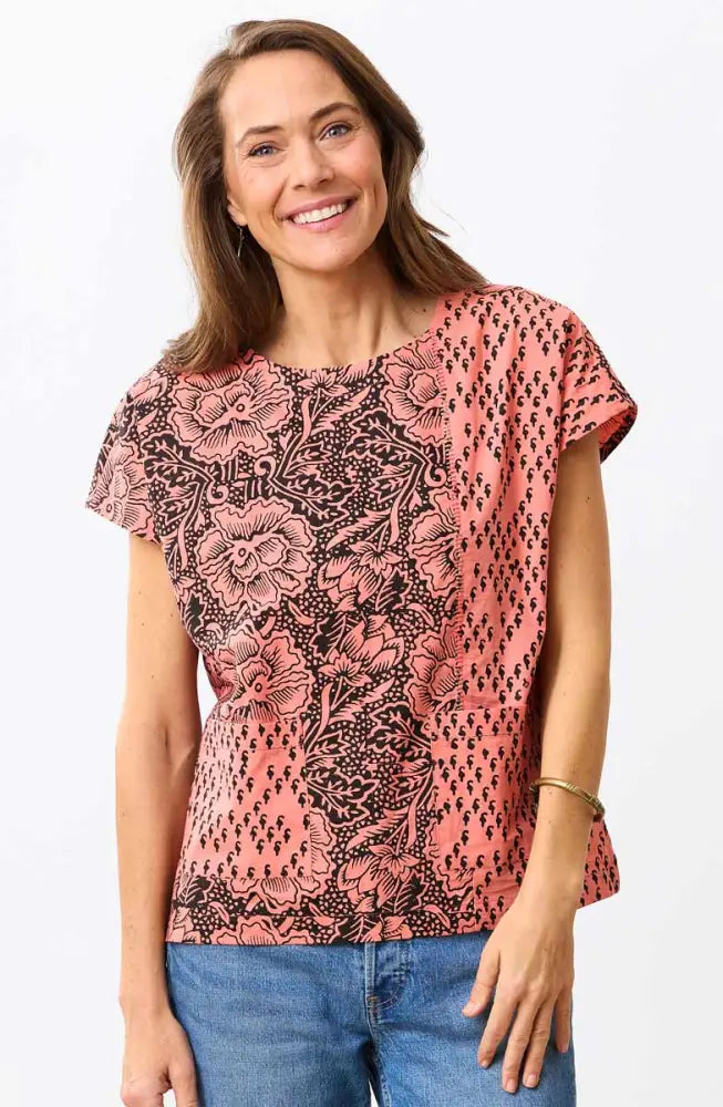 Khoba Organic Cotton Cap-Sleeve Top - Grapefruit/Ebony