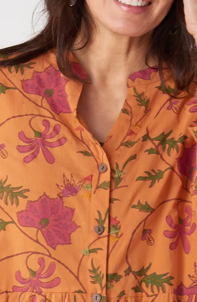 Lavasa Organic Cotton Tiered Shirt Dress - Honey/Multi