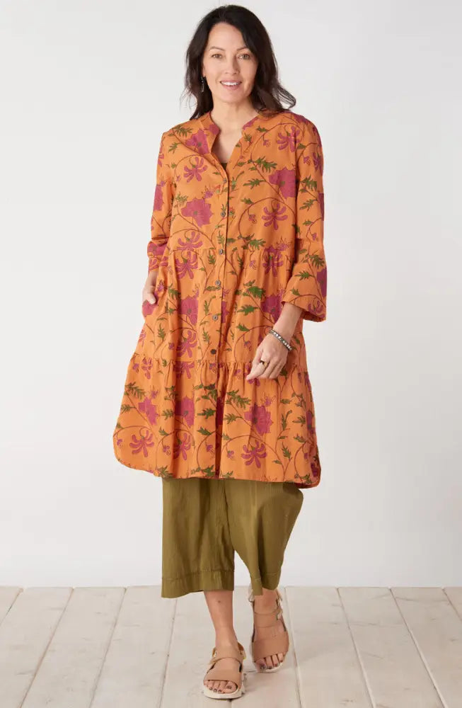 Lavasa Organic Cotton Tiered Shirt Dress - Honey/Multi