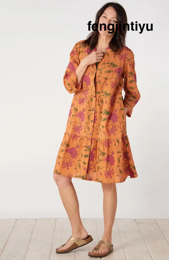 Lavasa Organic Cotton Tiered Shirt Dress - Honey/Multi - Honey/Multi / PS (6-8)