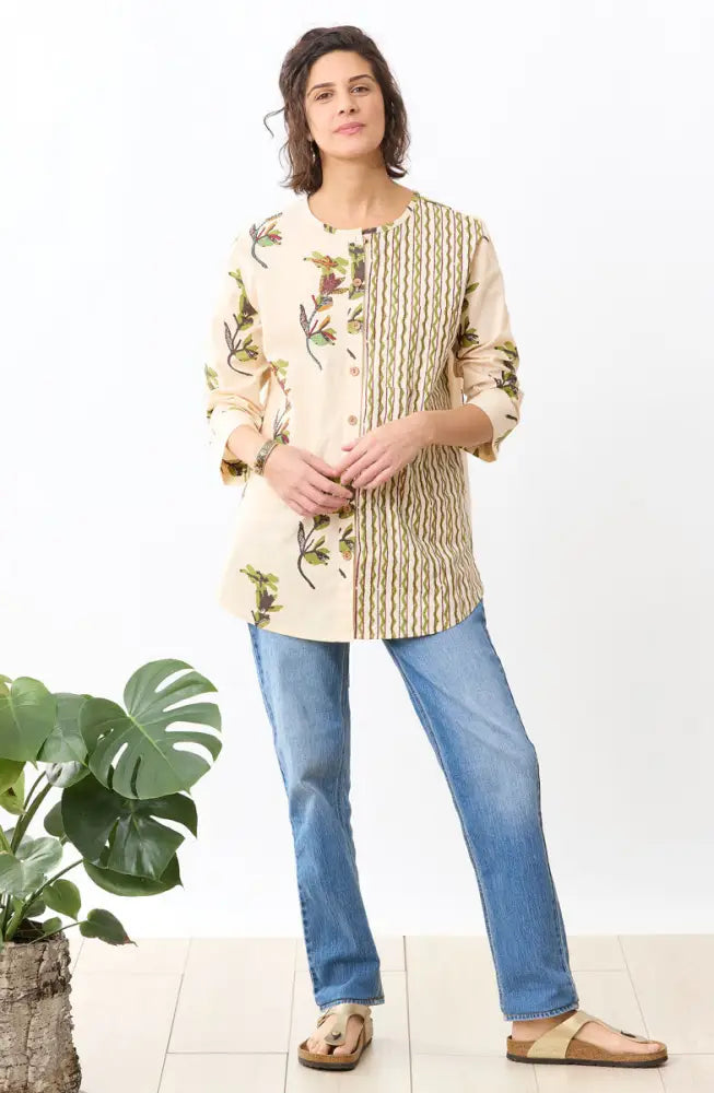 Mithila Organic Cotton Mixed Print Shirt - Natural/Ebony