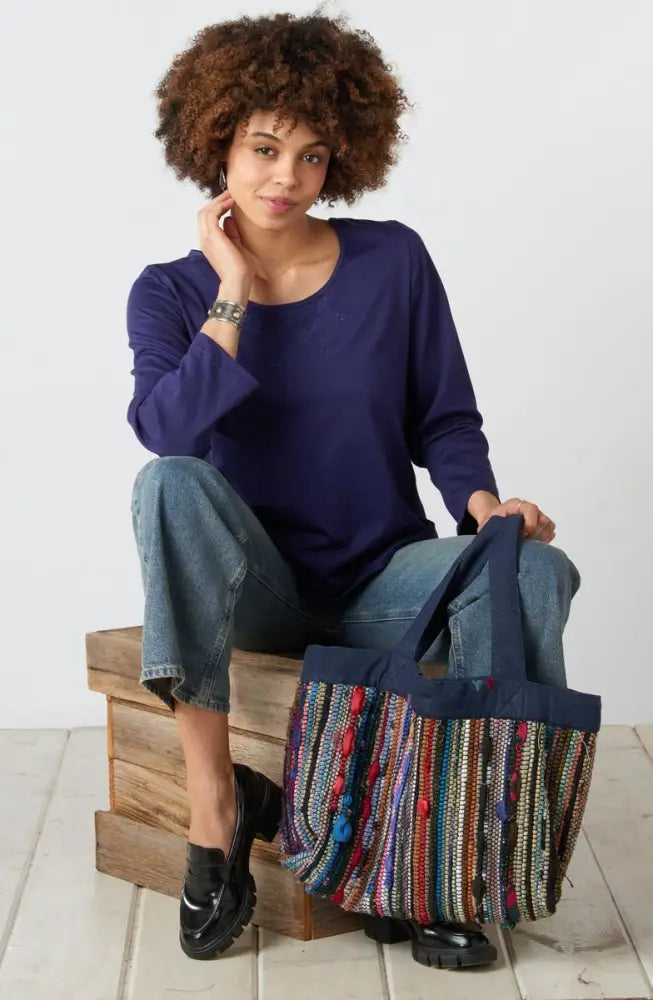 Recycled Yarn Handwoven Chindi Ellora Bag - Dark denim/Multi