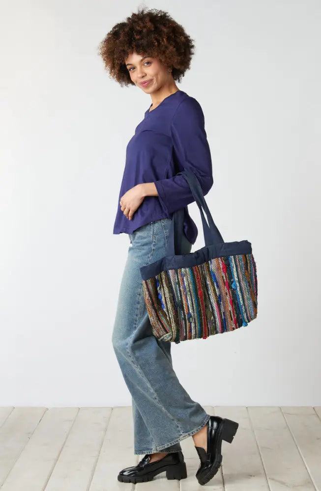 Recycled Yarn Handwoven Chindi Ellora Bag - Dark denim/Multi
