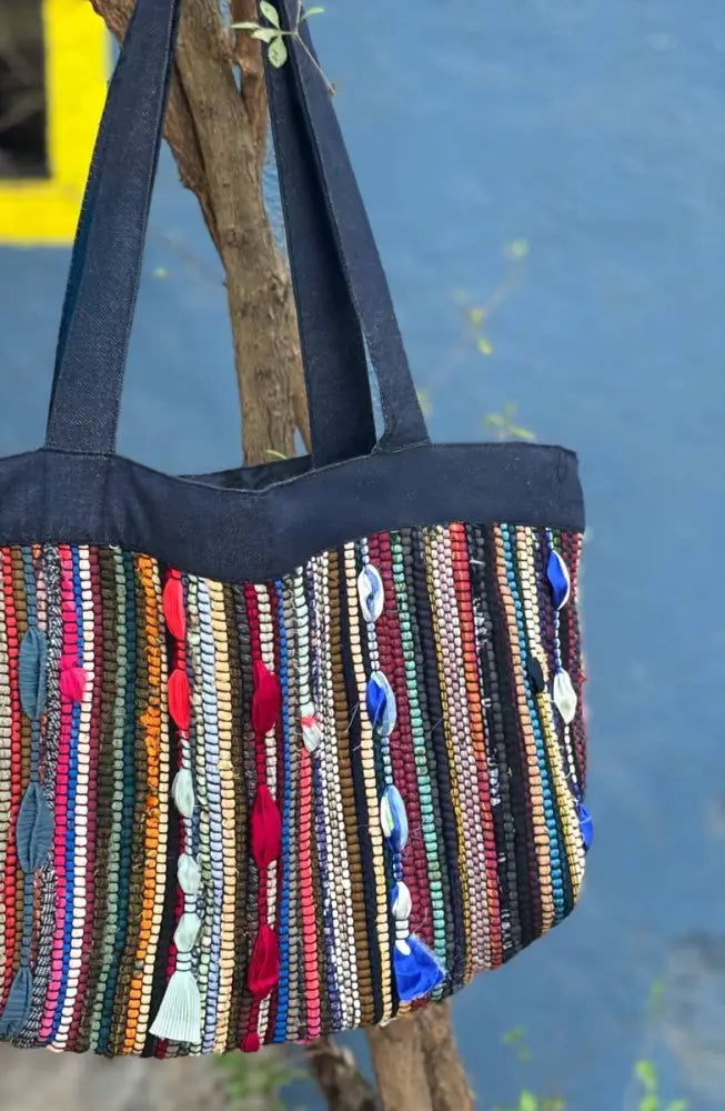 Recycled Yarn Handwoven Chindi Ellora Bag - Dark denim/Multi