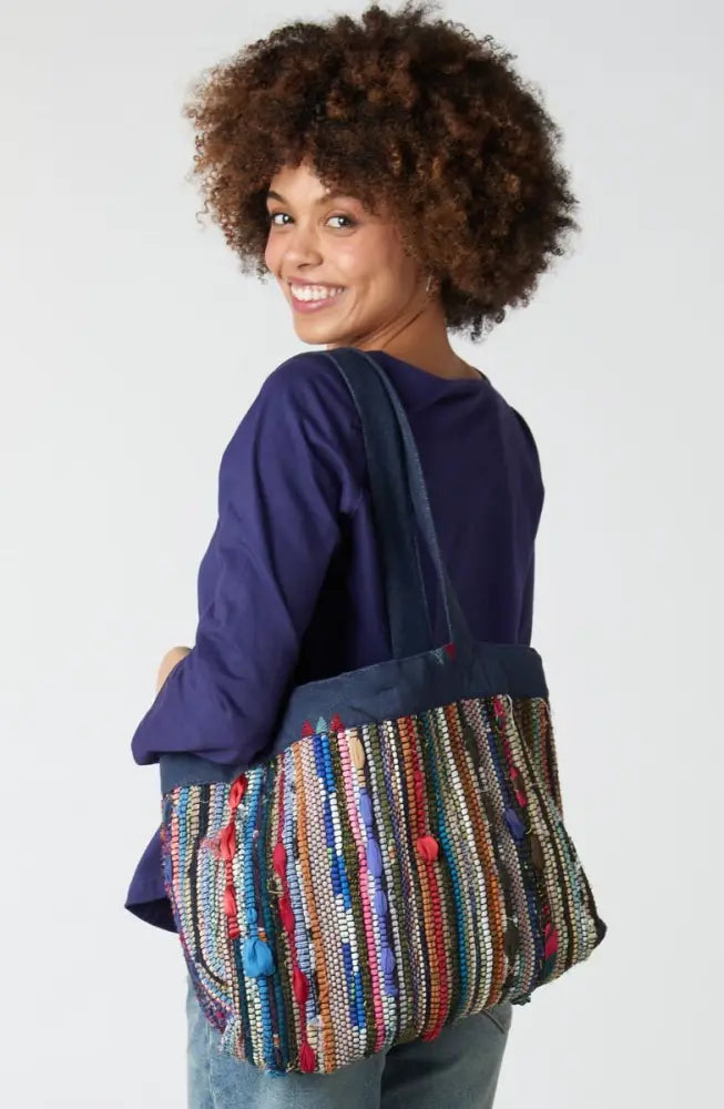Recycled Yarn Handwoven Chindi Ellora Bag - Dark denim/Multi