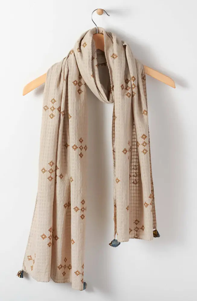 Textured Cotton Block Print Scarf - Tan