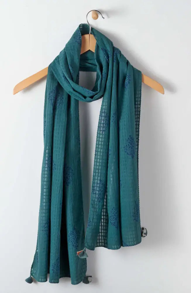 Textured Cotton Block Print Scarf - Teal